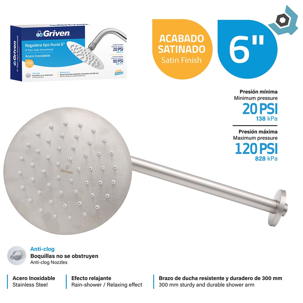 REGADERA TIPO LLUVIA 6" SATINADO REDONDA GRIVEN