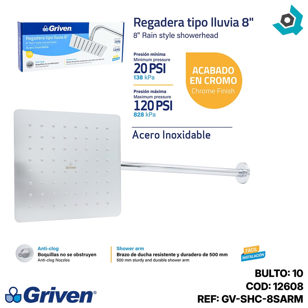 REGADERA TIPO LLUVIA 8" CROMADA CUADRADA GRIVEN