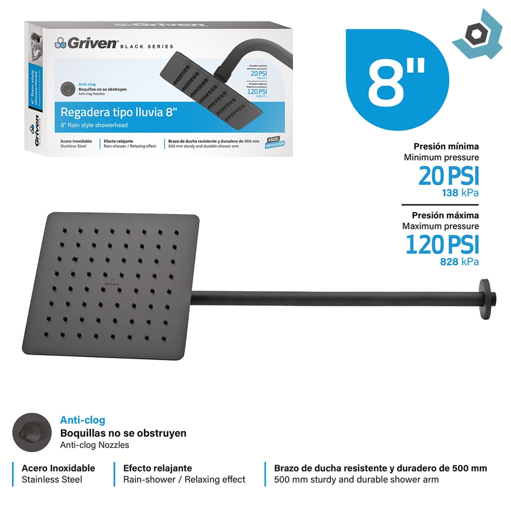 REGADERA TIPO LLUVIA 8" NEGRO MATE CUADRADA GRIVEN