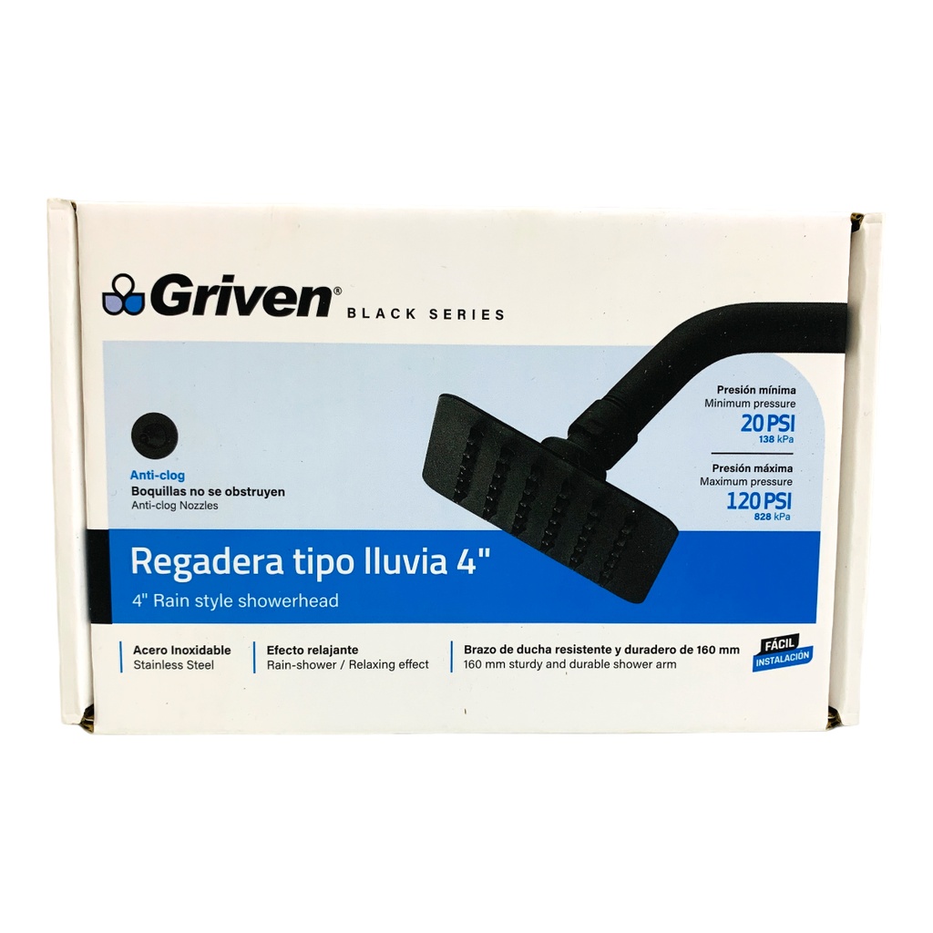 REGADERA TIPO LLUVIA 4" NEGRO MATE CUADRADA GRIVEN