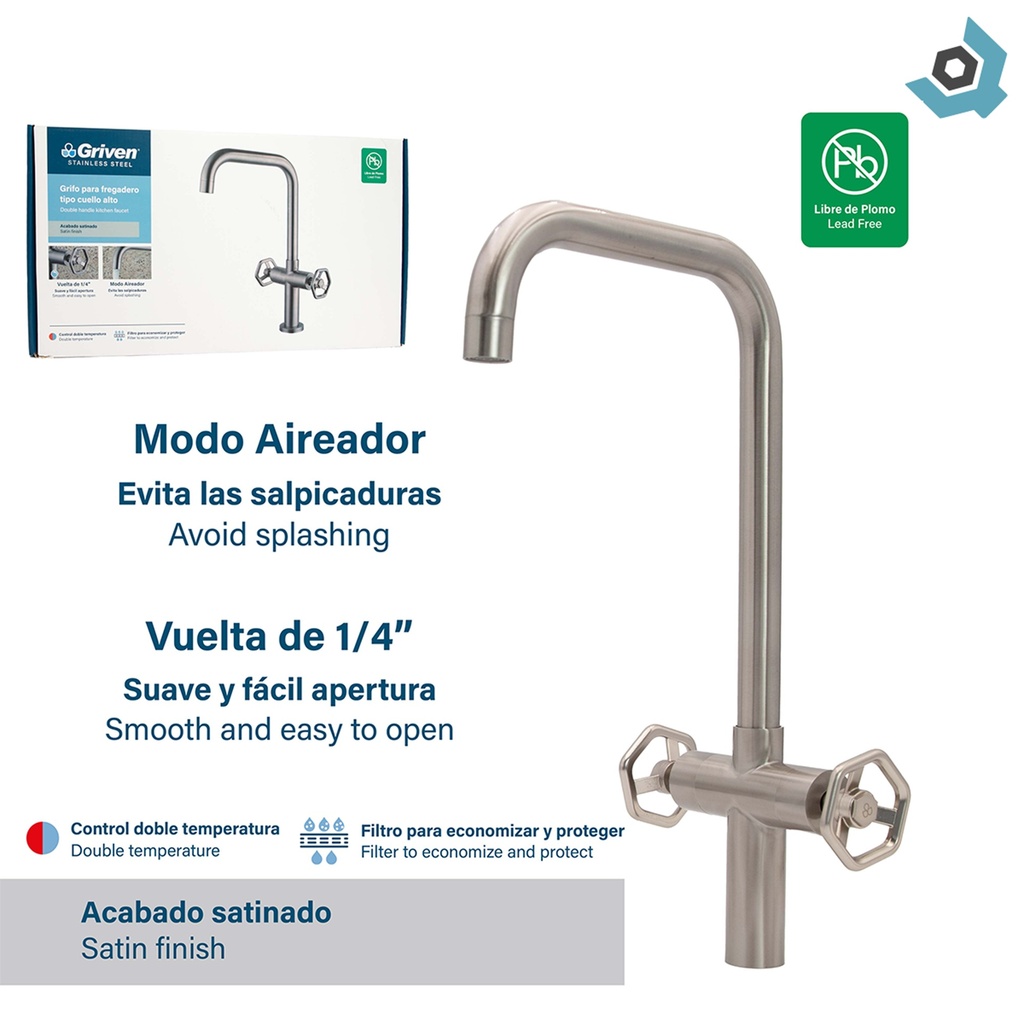 GRIFERIA PARA FREGADERO CUELLO ALTO SATINADO GRIVEN ACERO INOXIDABLE