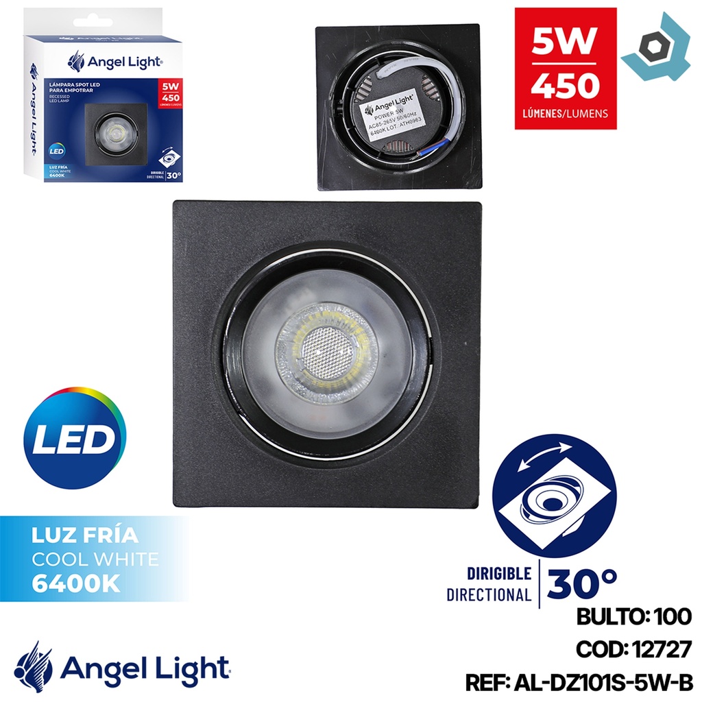 LAMPARA LED OJO DE BUEY 5W CUADRADA 6400K NEGRO ANGEL LIGHT