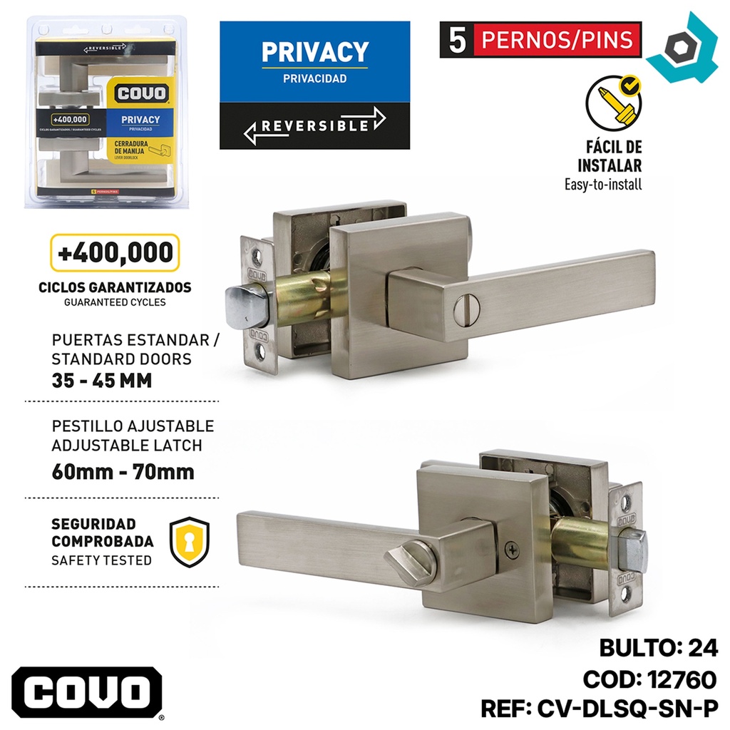 CERRADURA DE MANILLA CUADRADA SATINADA COVO