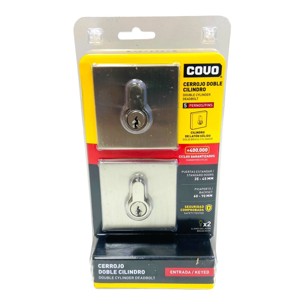 CERROJO DOBLE CILINDRO 45MM CUADRADO SATINADO COVO