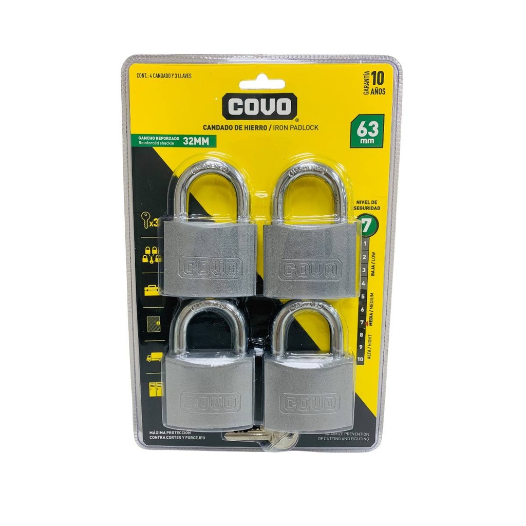 SET DE CANDADOS 63MM DE HIERRO 4 PZAS COVO