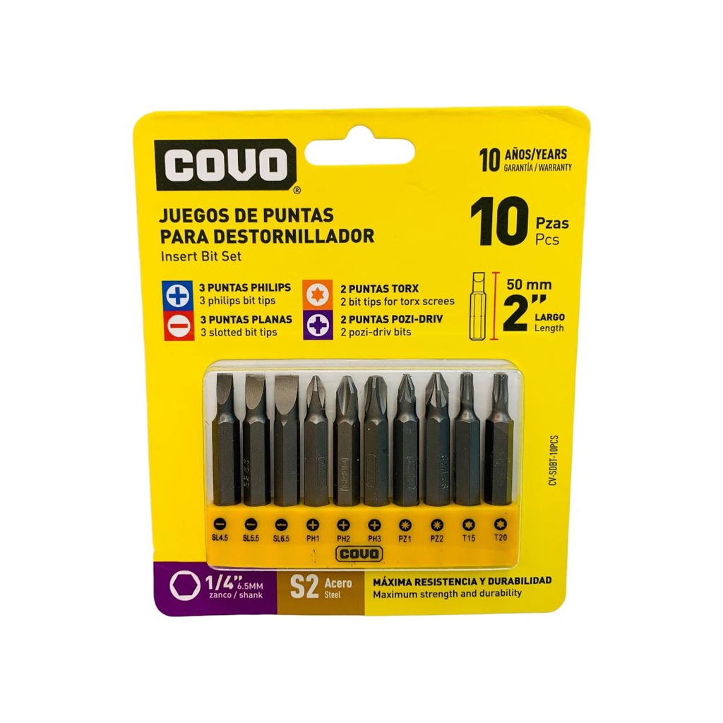 JUEGO DE PUNTAS 10 PZAS PARA DESTORNILLADOR COVO