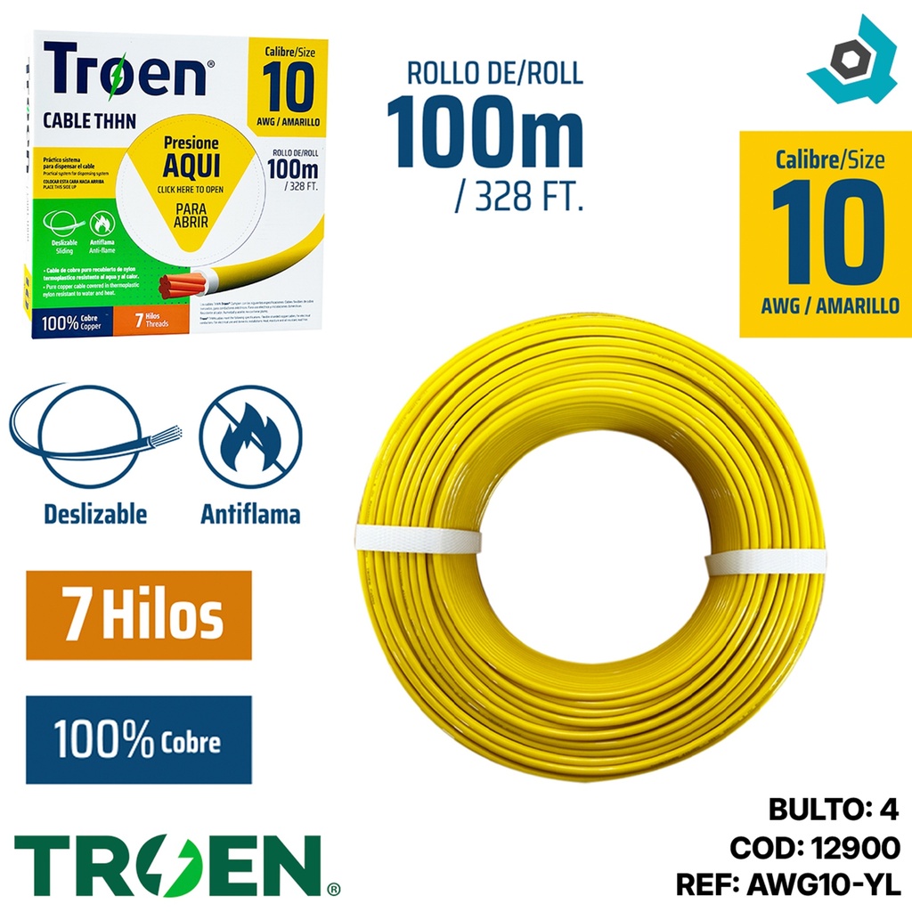CABLE ELECTRICO 10 AWG AMARILLO 7 HILOS TROEN