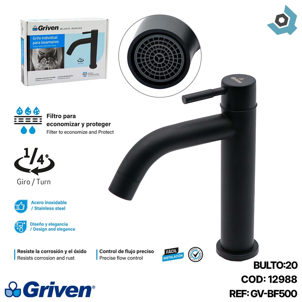 GRIFERIA INDIVIDUAL PARA LAVAMANOS NEGRO MATE GRIVEN