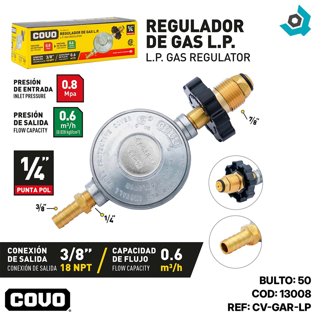 REGULADOR DE GAS L.P 1/4" COVO