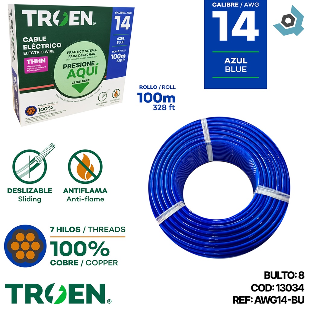 CABLE ELECTRICO 14 AWG AZUL 7 HILOS TROEN