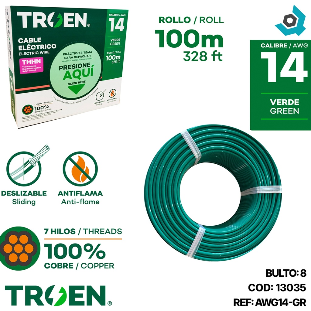 CABLE ELECTRICO 14 AWG VERDE 7 HILOS TROEN