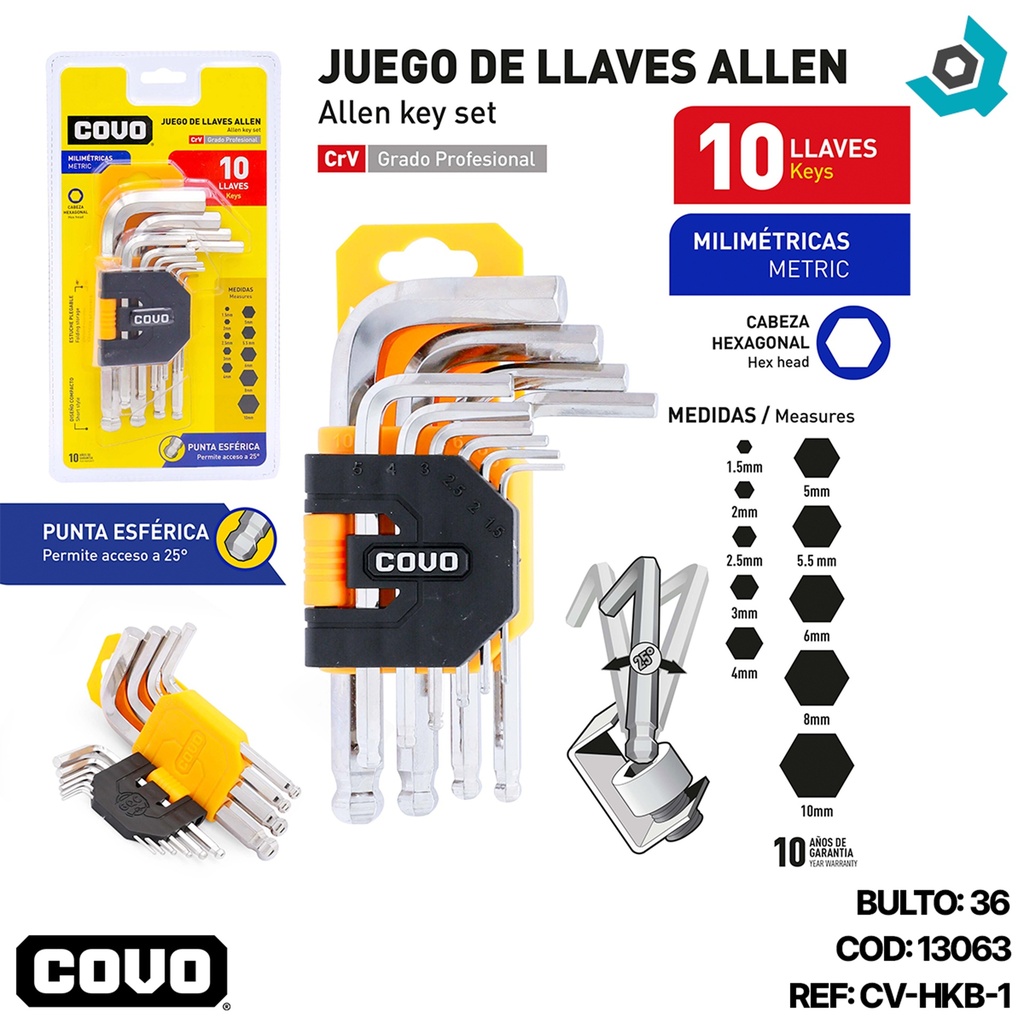 JUEGO DE LLAVES ALLEN PUNTA ESFERICA 10PZAS COVO