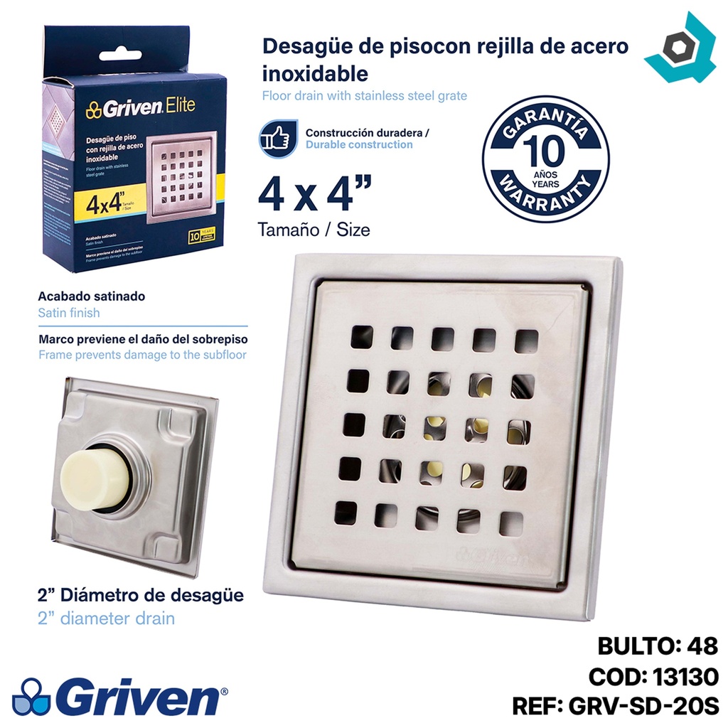 DESAGUE DE PISO CON REJILLA DE ACERO INOXIDABLE GRIVEN ELITE