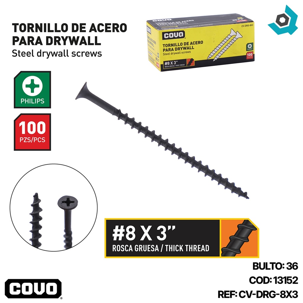 TORNILLO DRYWALL 8 X 3" 100 PZA COVO