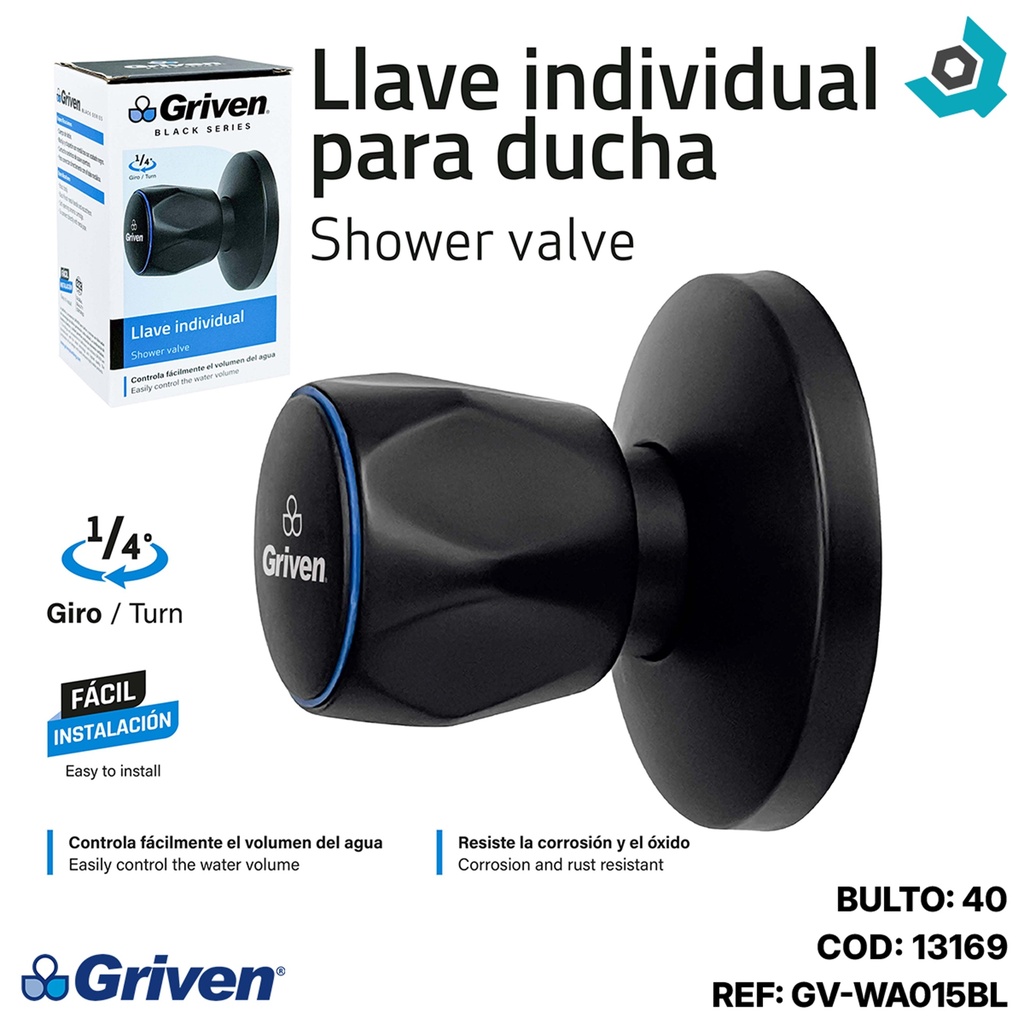 LLAVE PARA DUCHA 1/2" INDIVIDUAL NEGRO MATE GRIVEN