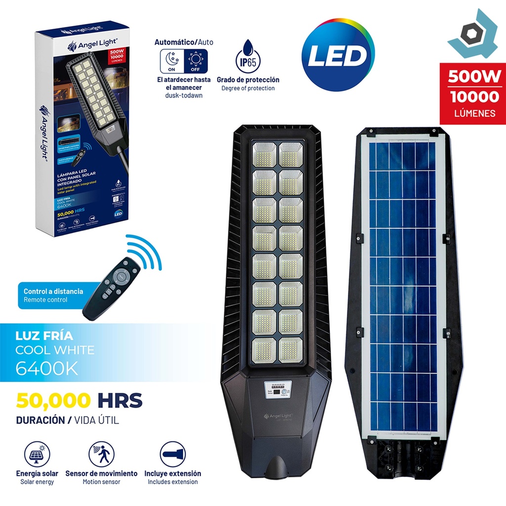 LAMPARA LED 500W CON PANEL SOLAR 6400K ANGEL LIGHT