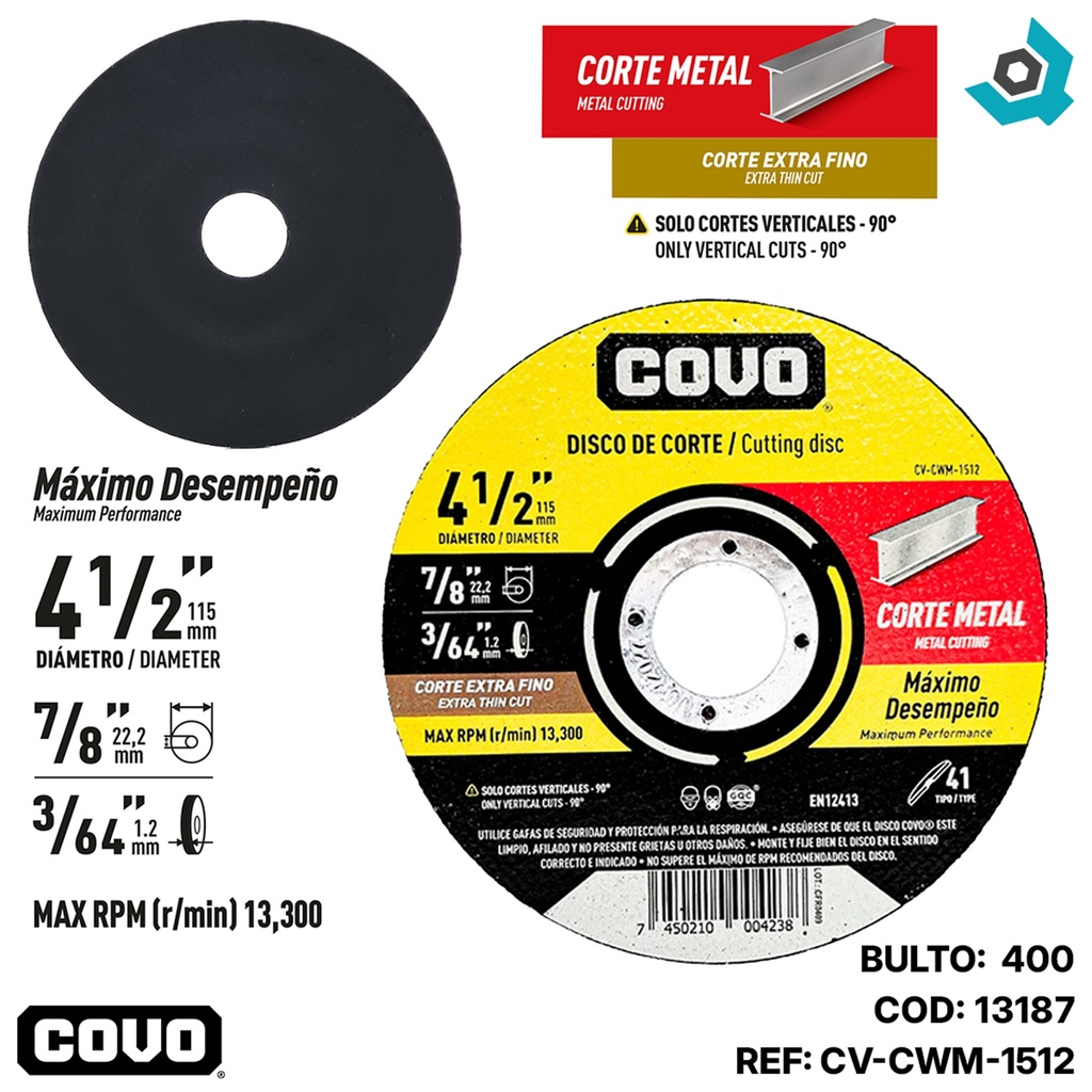 DISCO PARA CORTE EN METAL 4 1/2"  EXTRA FINO COVO