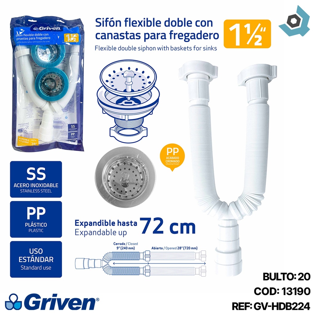 SIFON FLEXIBLE DOBLE CON CANASTA PARA FREGADERO 1 1/2" GRIVEN