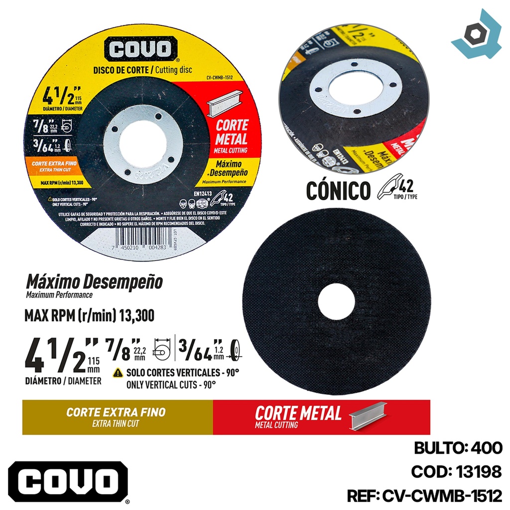DISCO PARA CORTE EN METAL 4 1/2" EXTRA FINO COVO