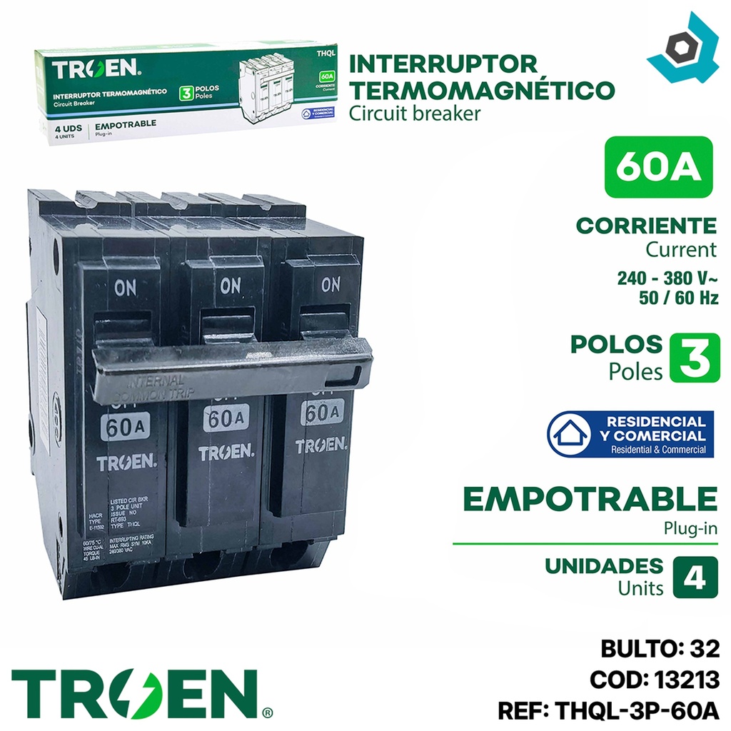BREAKER PARA EMPOTRAR TERMOMAGNETICO 60A 3P TROEN
