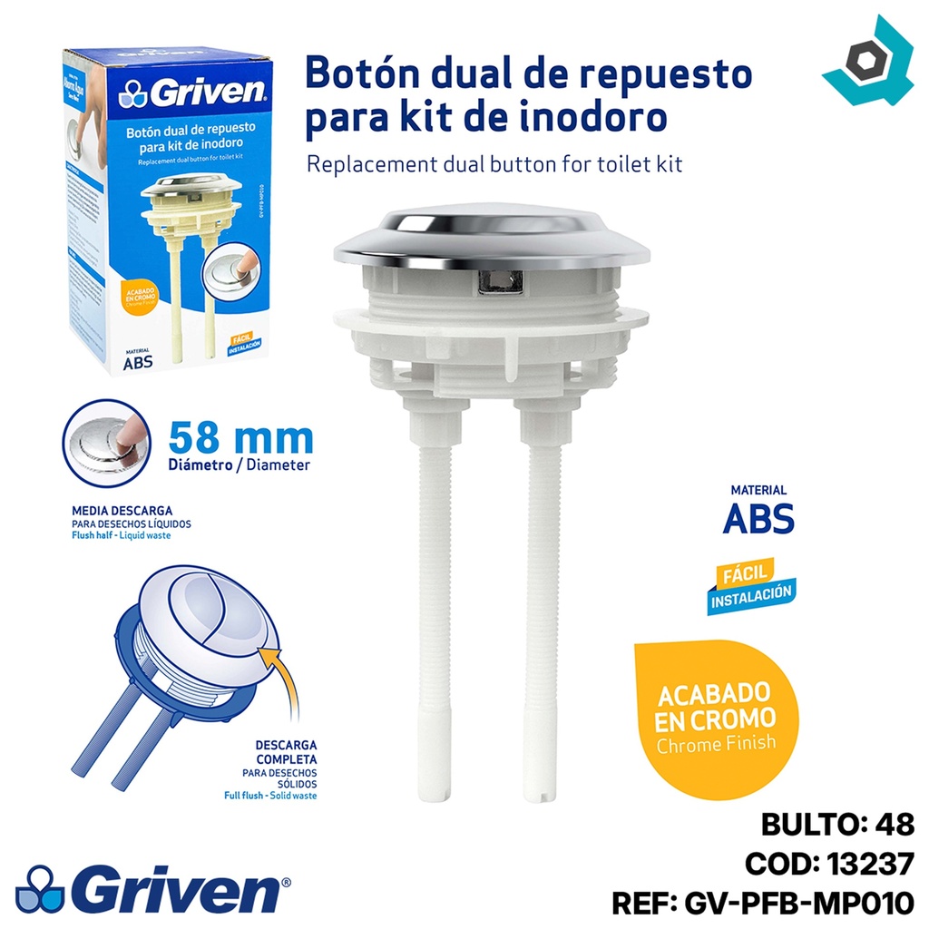 BOTON DOBLE DESCARGA DE REPUESTO PARA KIT DE INODORO GRIVEN