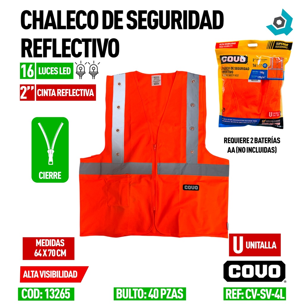 CHALECO DE SEGURIDAD REFLECTIVO CON LUZ LED COVO