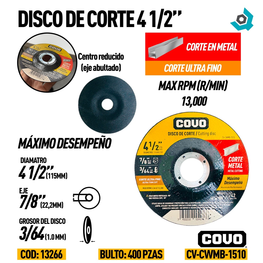 DISCO PARA CORTE EN METAL 4 1/2" ULTRA FINO COVO