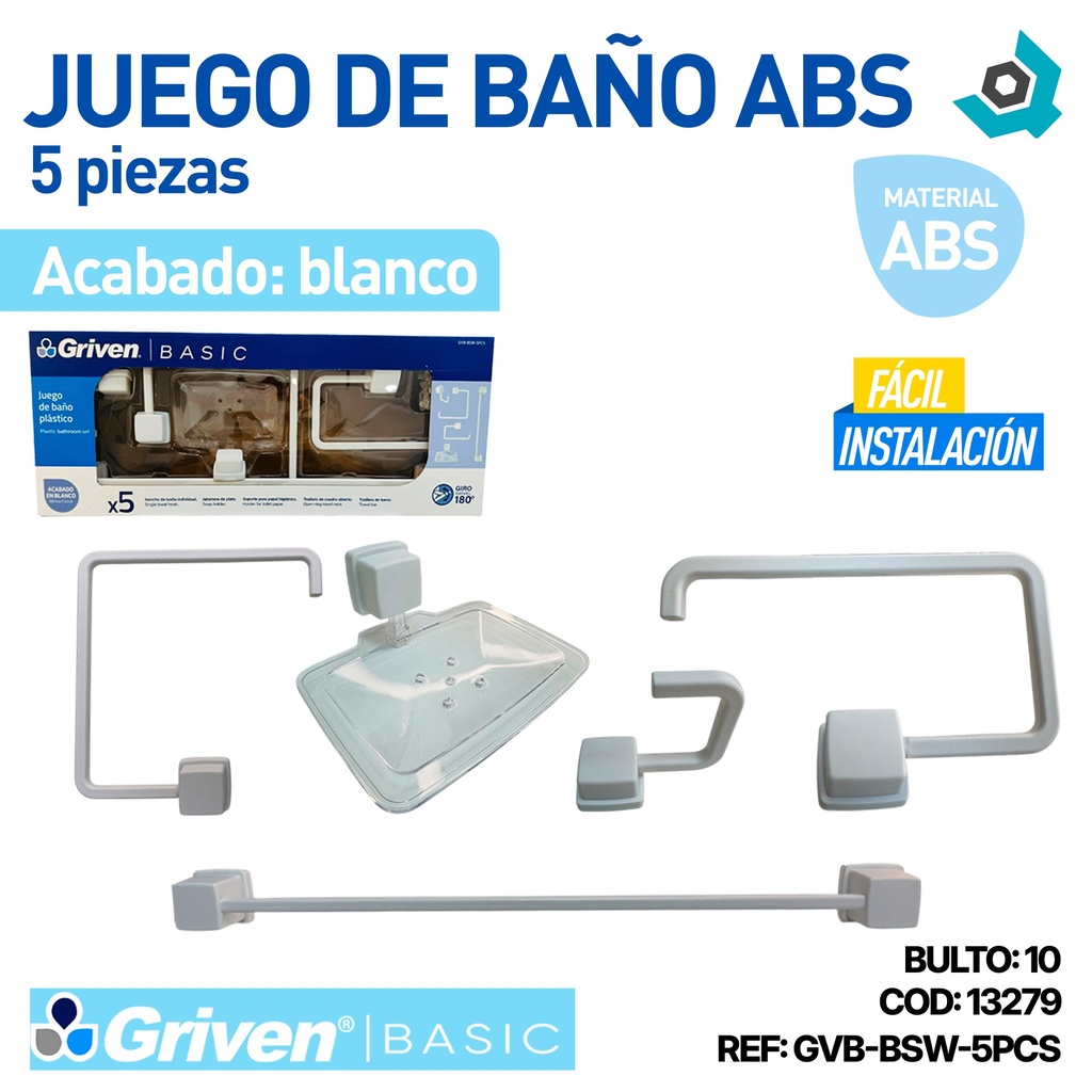 JUEGO DE BAÑO ABS 5 PZAS BLANCO GRIVEN BASIC