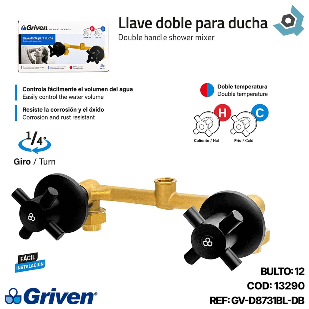 LLAVE DOBLE CRUZ PARA DUCHA NEGRO MATE GRIVEN