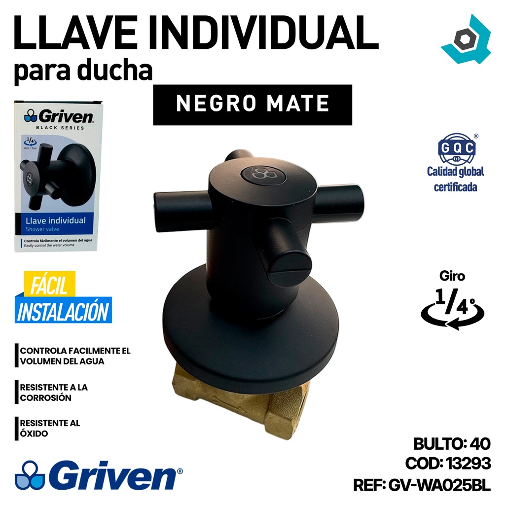LLAVE INDIVIDUAL CRUZ PARA DUCHA NEGRO MATE GRIVEN