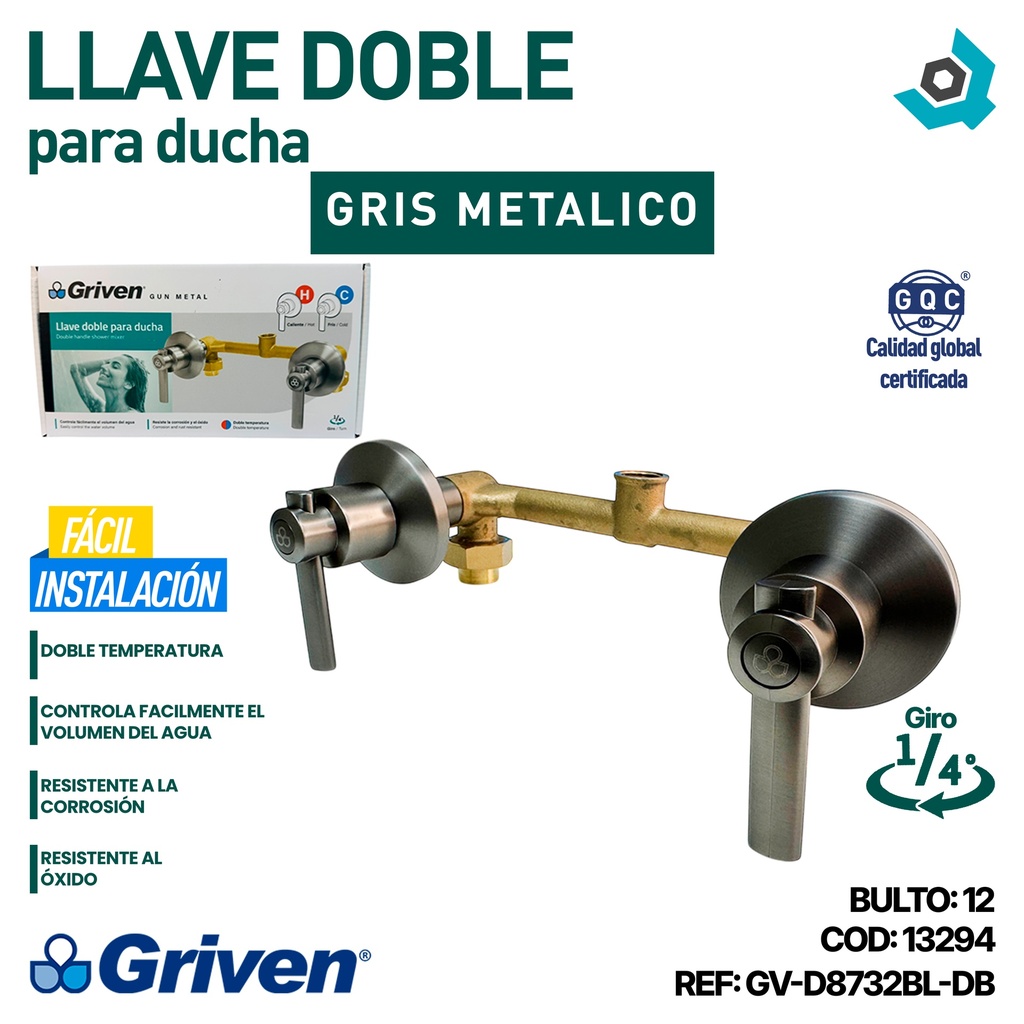 LLAVE DOBLE PARA DUCHA GRIS METÁLICO GRIVEN GUN METAL