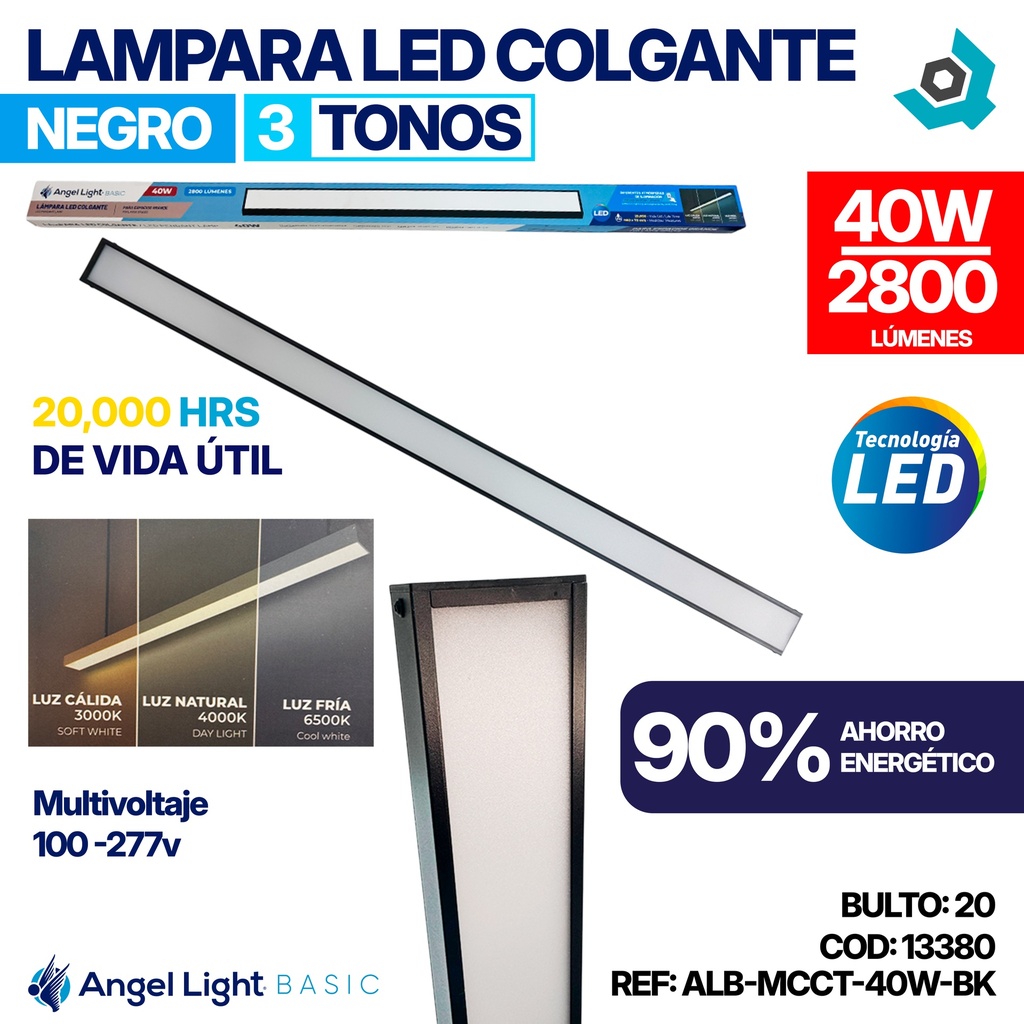 LAMPARA LED COLGANTE 3 TONOS 40W NEGRA ANGEL LIGHT BASIC