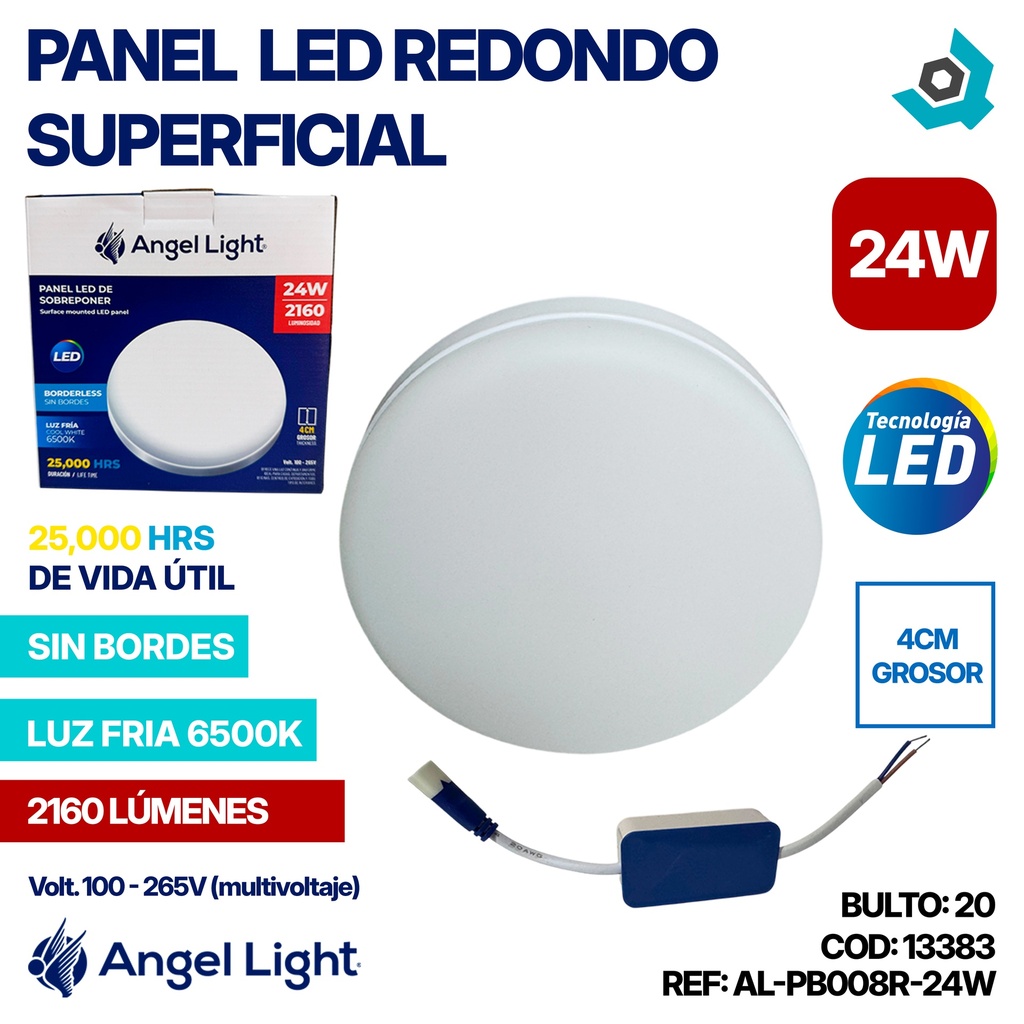 LAMPARA PANEL LED REDONDO SUPERFICIAL LUZ FRIA 24W ANGEL LIGHT