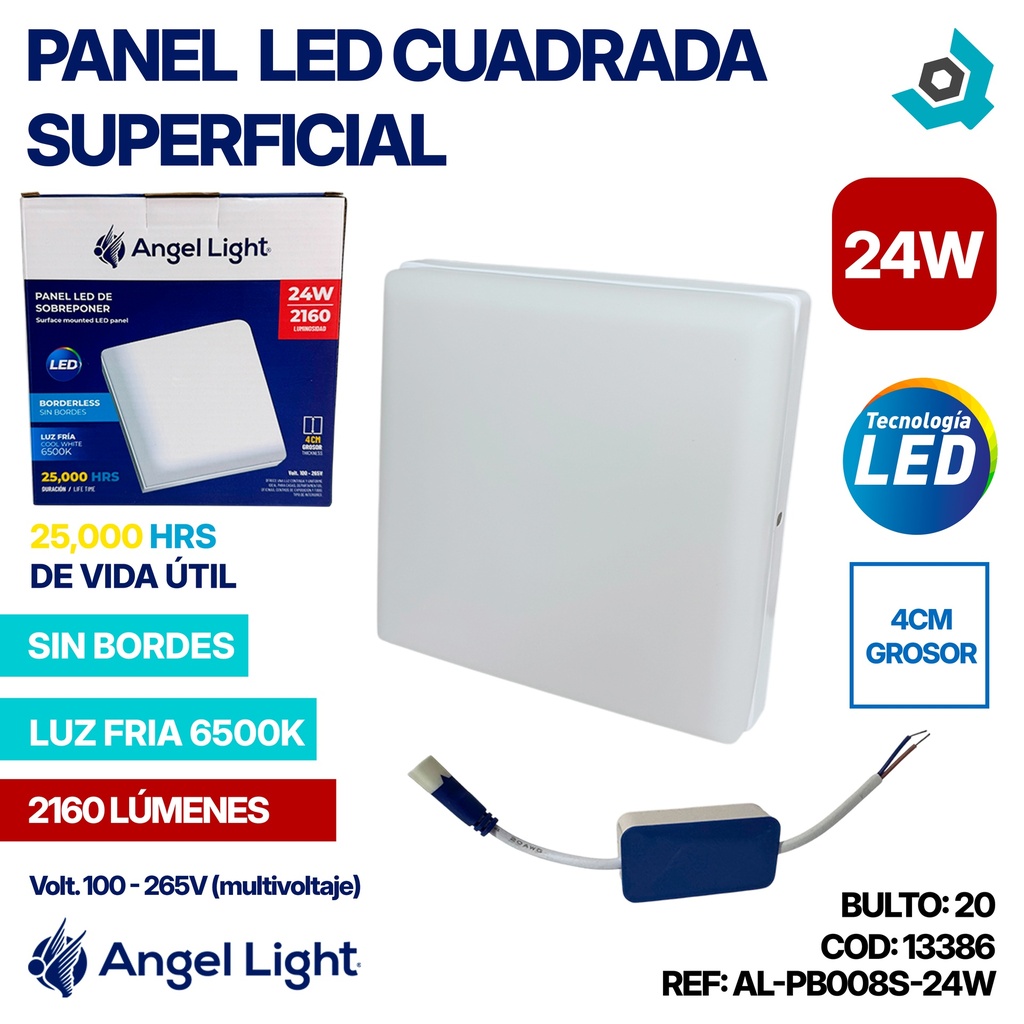 LAMPARA PANEL LED CUADRADO SUPERFICIAL LUZ FRIA 24W ANGEL LIGHT