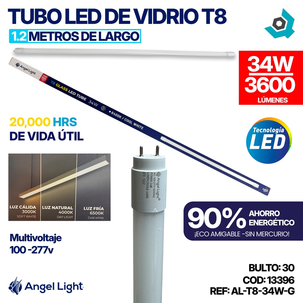 TUBO LED 34W DE VIDRIO T8 1.2M LUZ FRIA ANGEL LIGHT