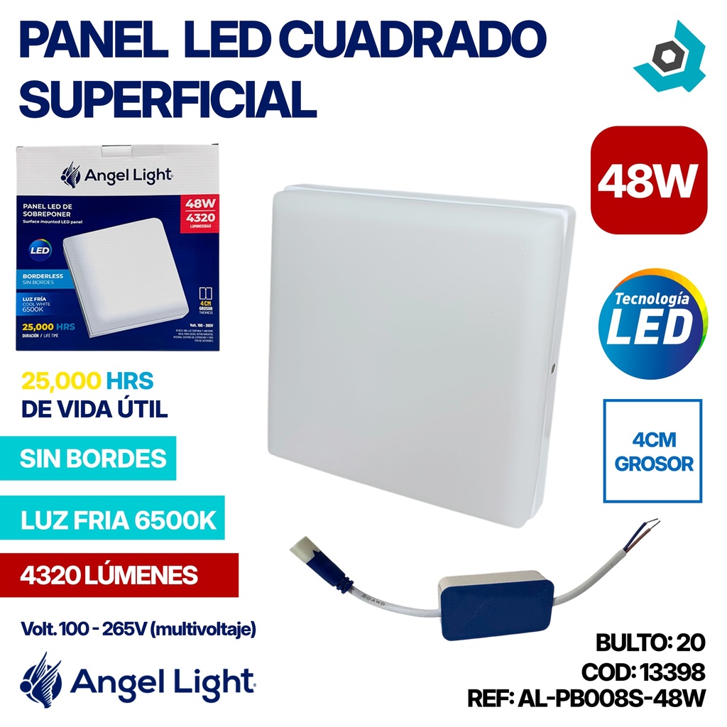 LAMPARA PANEL LED CUADRADO SUPERFICIAL LUZ FRIA 48W ANGEL LIGHT