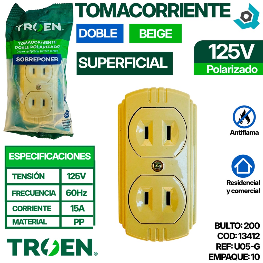 TOMACORRIENTE DOBLE 125V 15A POLARIZADO BEIGE TROEN