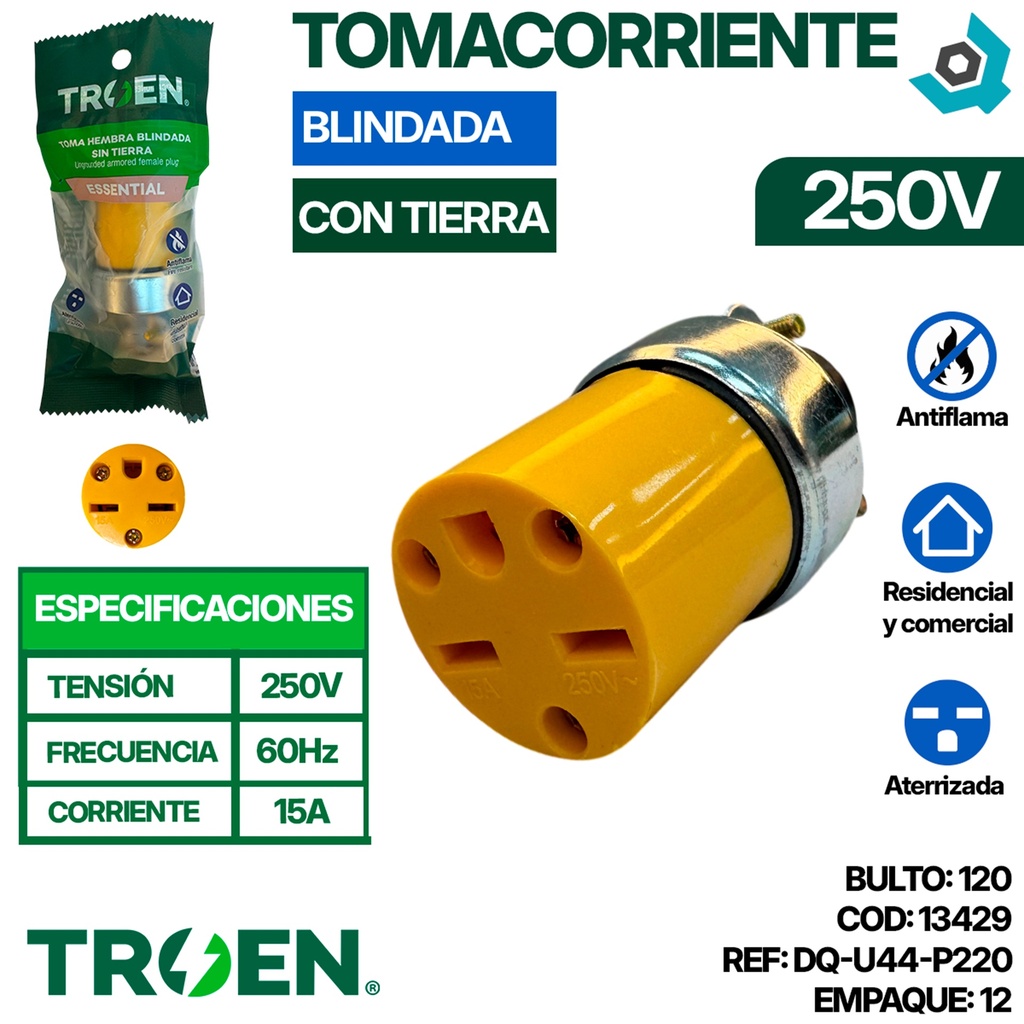 TOMACORRIENTE 250V BLINDADA CON TIERRA TROEN