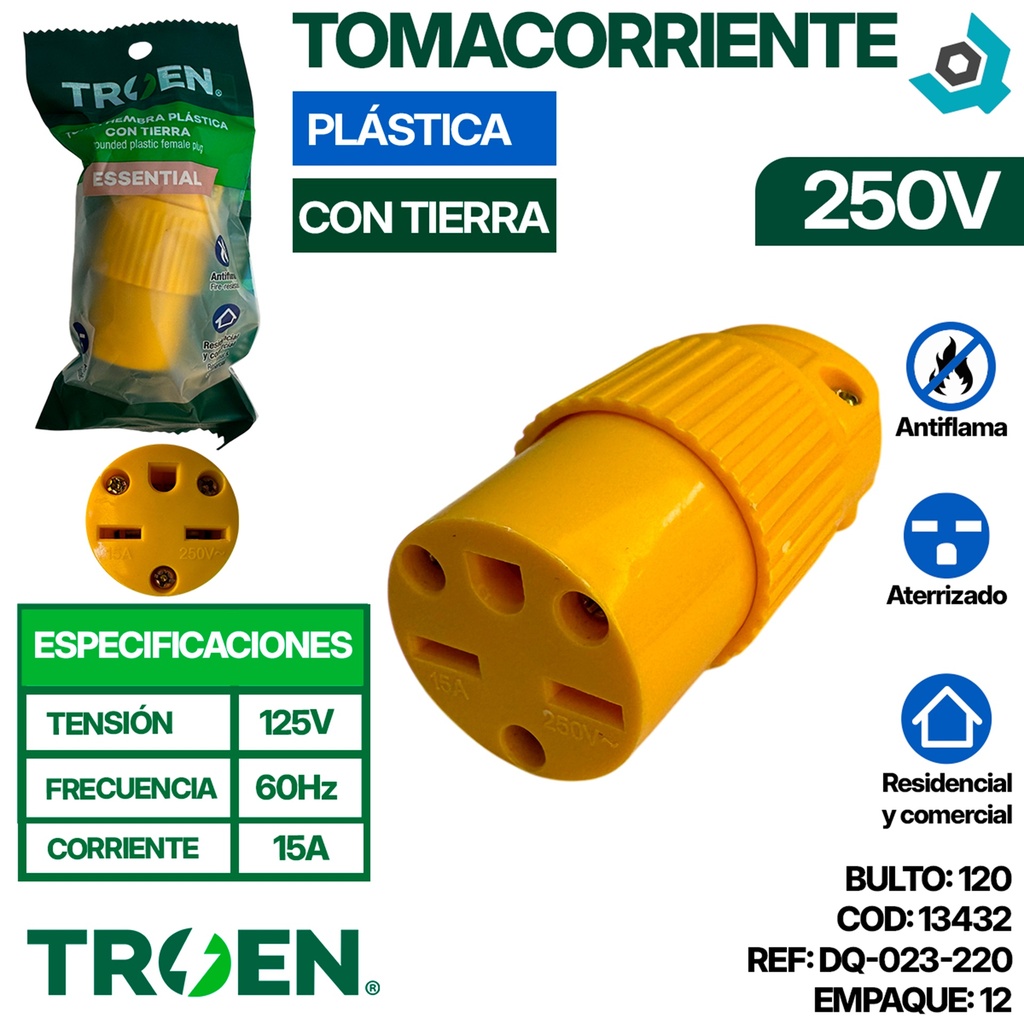 TOMACORRIENTE 250V PLASTICA SIN TIERRA TROEN