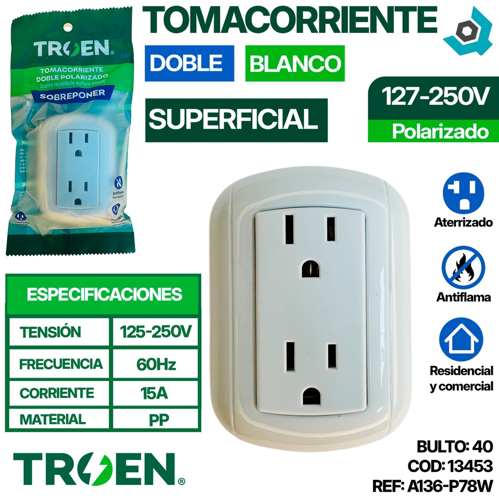 TOMACORRIENTE DOBLE 127 - 250V 15A POLARIZADO TROEN