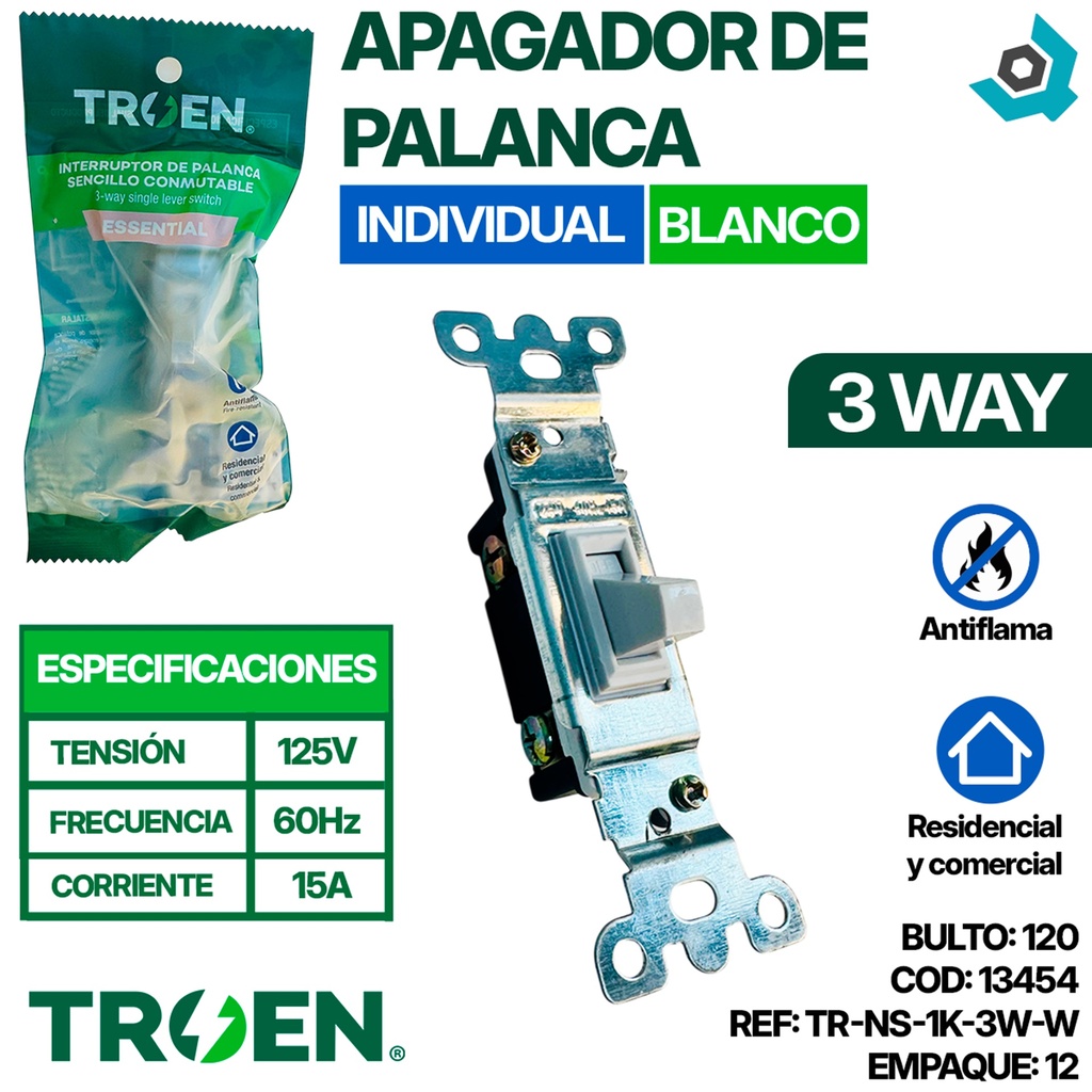 APAGADOR DE PALANCA 3 WAY INDIVIDUAL BLANCO TROEN