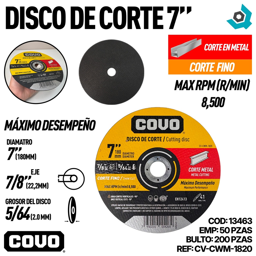 DISCO PARA CORTE EN METAL 7" FINO COVO