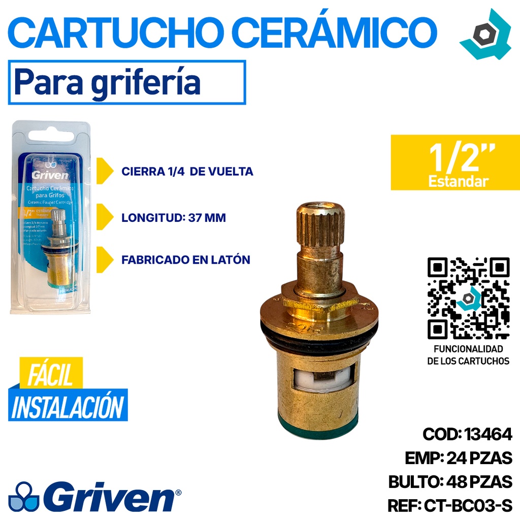 CARTUCHO CERAMICO 1/2" PARA GRIFERIAS GRIVEN