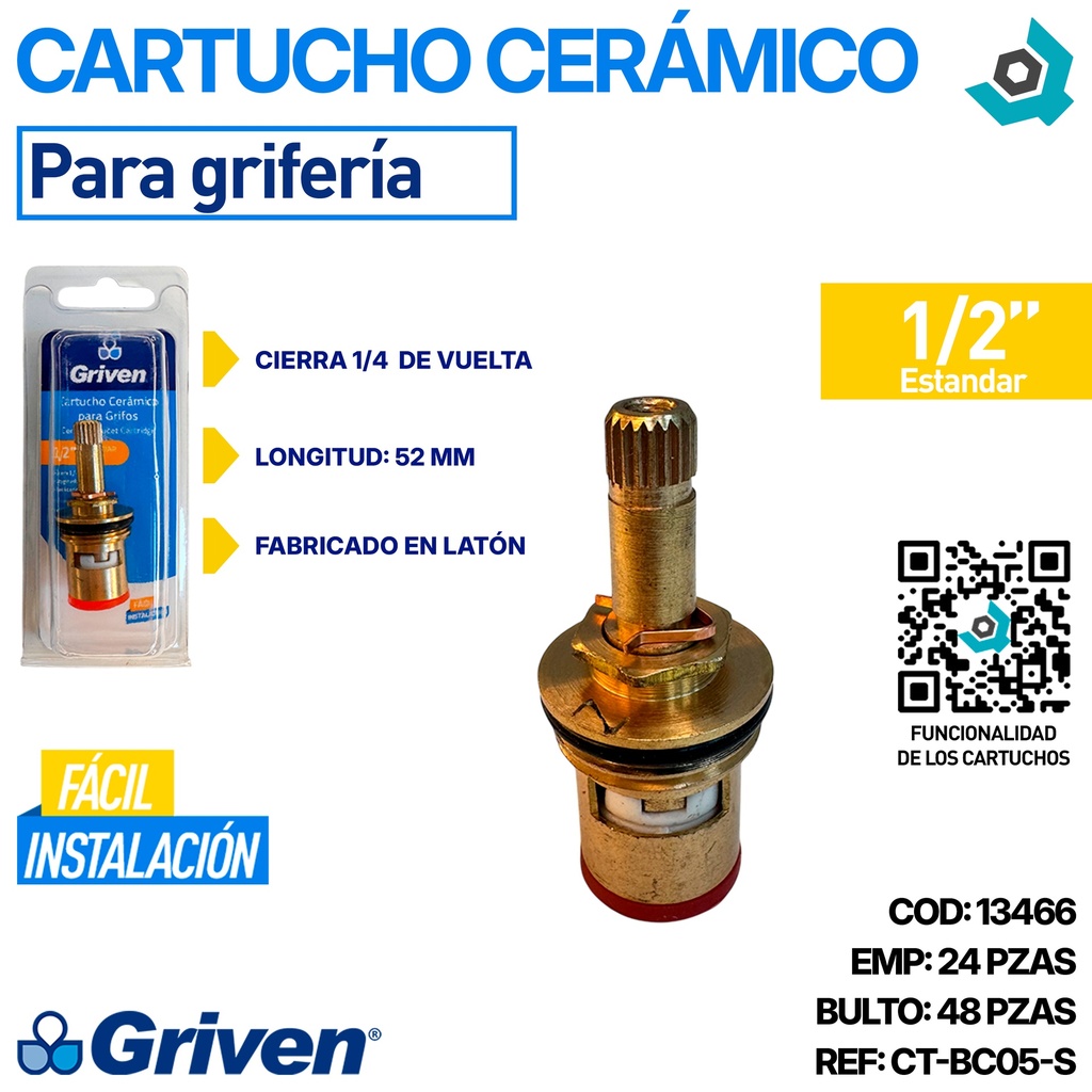 CARTUCHO CERAMICO 1/2" PARA GRIFERIAS GRIVEN