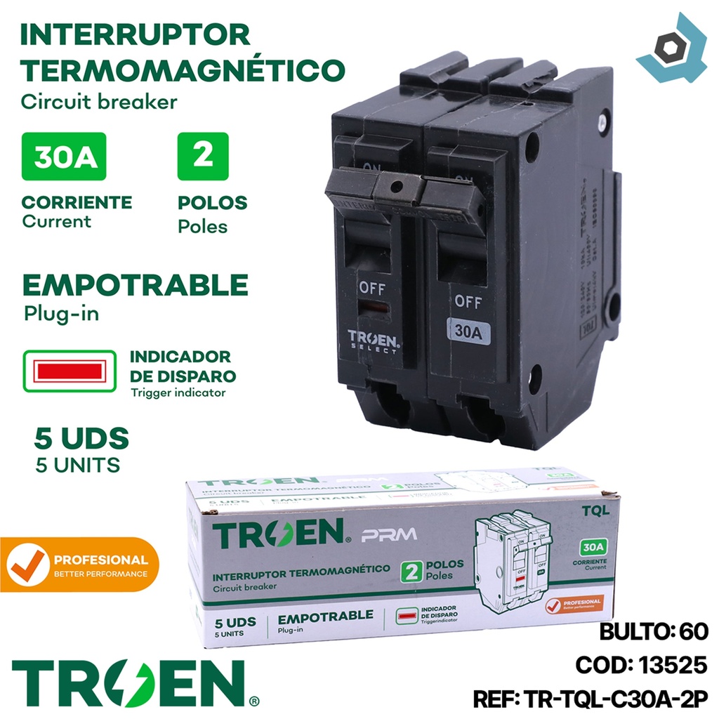 BREAKER TERMOMAGNETICO 30A 2P EMPOTRAR TQL TROEN