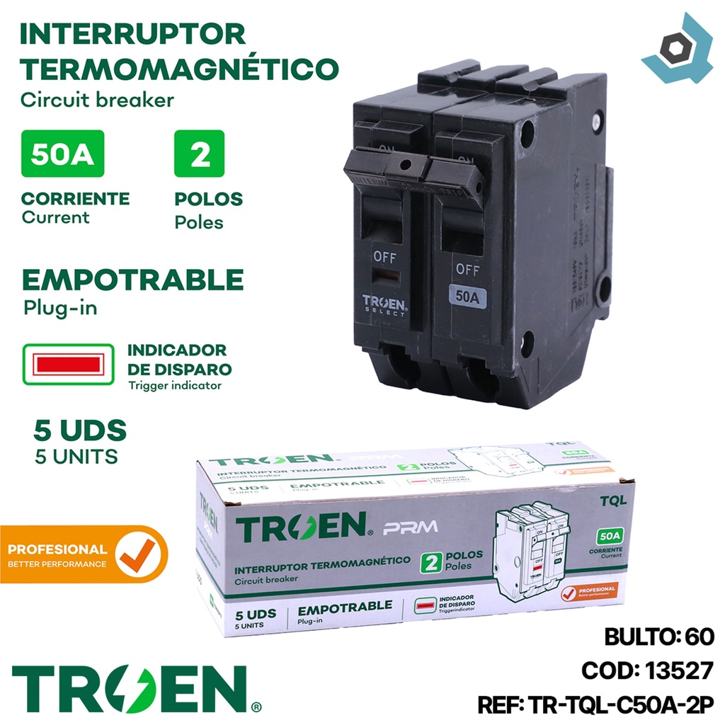 BREAKER TERMOMAGNETICO 50A 2P EMPOTRAR TQL TROEN