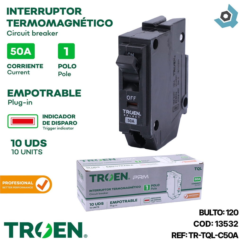 BREAKER TERMOMAGNETICO 50A 1P EMPOTRAR TQL TROEN