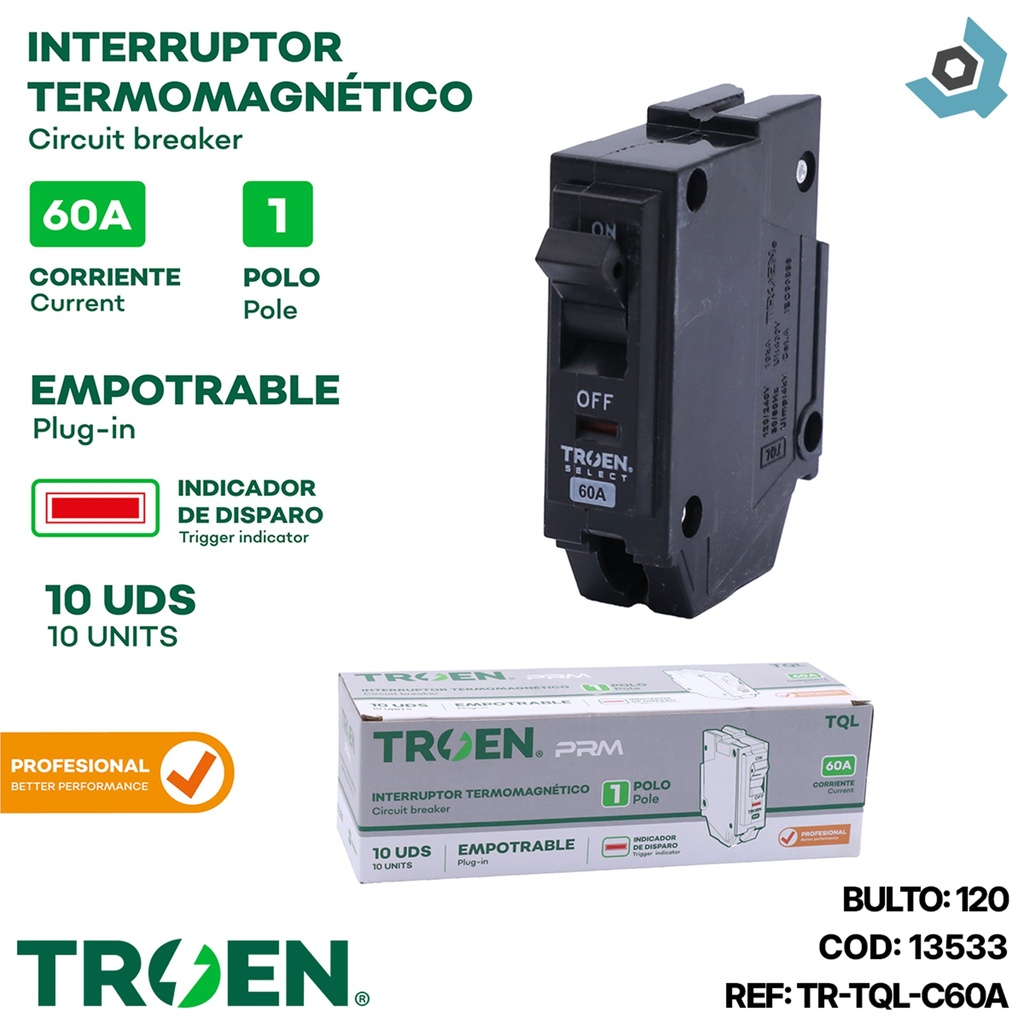 BREAKER TERMOMAGNETICO 60A 1P EMPOTRAR TQL TROEN