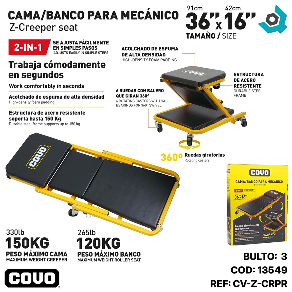 CAMA BANCO PARA MECANICO 2 EN 1 COVO