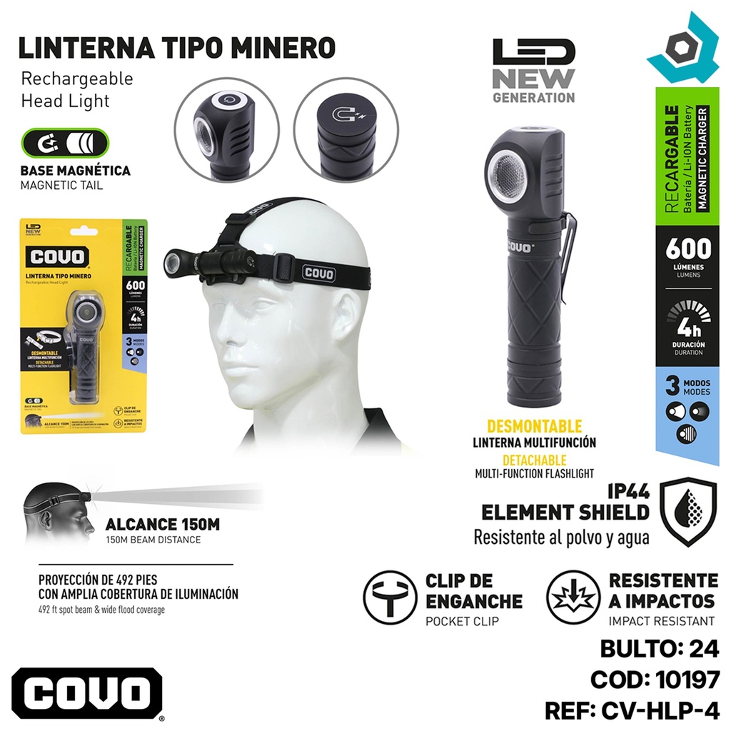 LINTERNA DE CABEZA RECARGABLE COVO